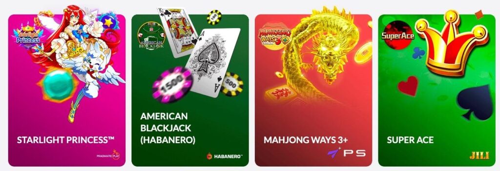Bốn lá bài trò chơi đầy màu sắc: Công chúa Ánh Sao với công chúa tóc đỏ, Blackjack Mỹ với bộ bài, Mahjong Ways 3+ với rồng vàng và đồng xu, và Super Ace với vương miện vàng và các chất bài trên nền xanh.
