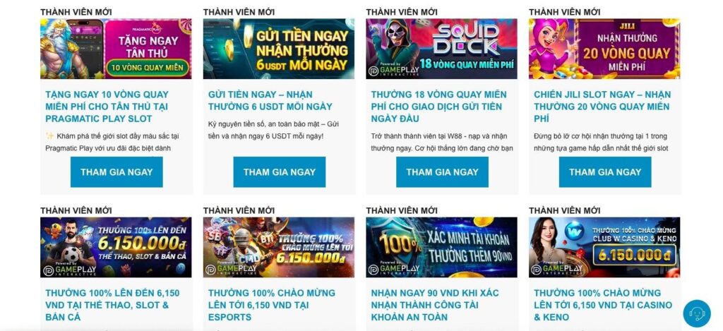 Một lưới các chương trình khuyến mãi trò chơi trực tuyến bằng tiếng Việt, mỗi chương trình đều có banner màu sắc sặc sỡ, số tiền thưởng và nút "Tham Gia Ngay" (Join Now) cho các ưu đãi từ sòng bạc và esports.