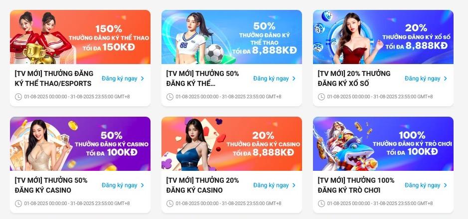Sáu banner quảng cáo bằng tiếng Việt giới thiệu các chương trình khuyến mãi cho các trò chơi thể thao, xổ số và casino, mỗi banner có hình ảnh một phụ nữ cùng đồ họa màu sắc sặc sỡ kèm theo tỷ lệ và số tiền khuyến mãi.