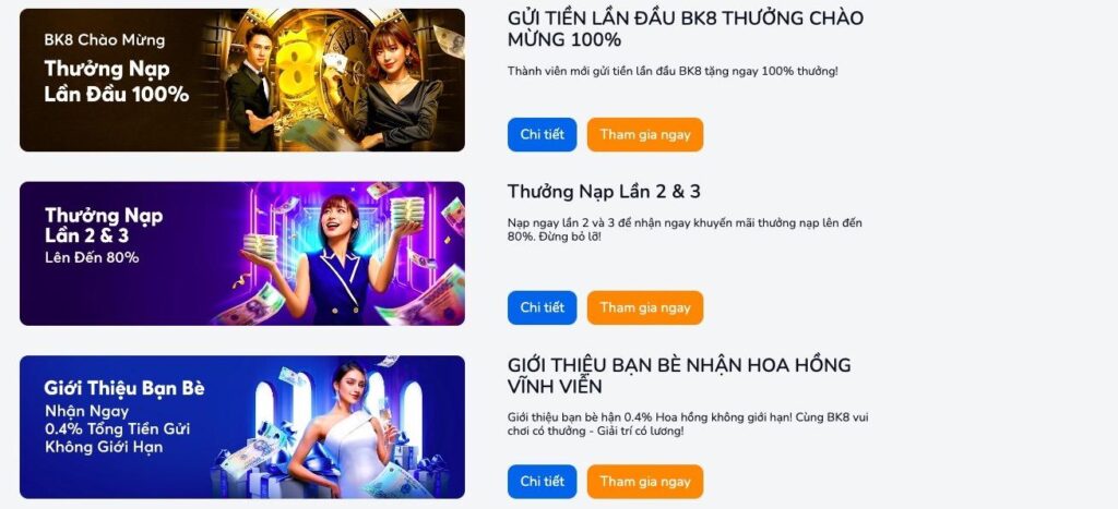 Ảnh chụp màn hình của một trang web hiển thị ba chương trình khuyến mãi cho việc nạp tiền và giới thiệu bạn bè, mỗi chương trình có mô tả ngắn gọn, hình ảnh và nút màu xanh dương có nhãn "Tham gia ngay!" ở bên phải.
