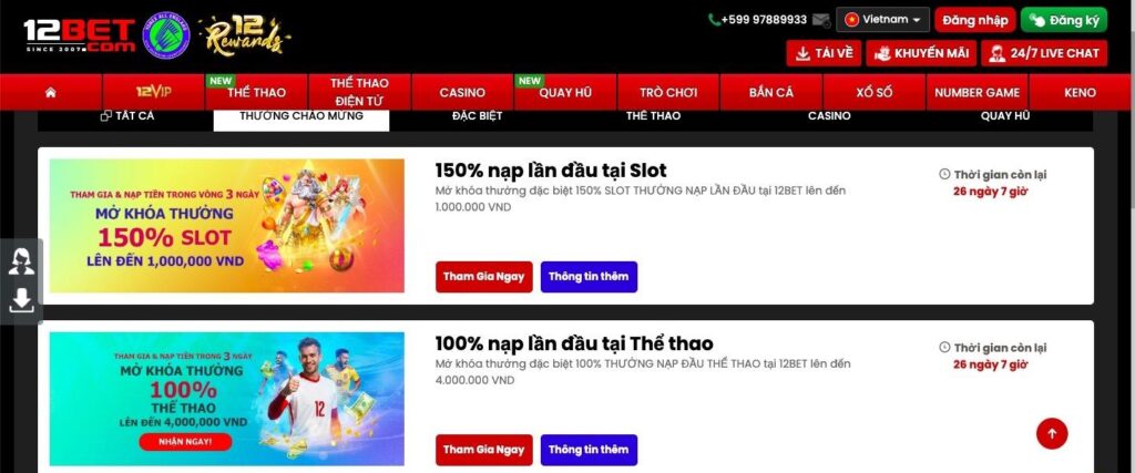 Ảnh chụp màn hình trang web 12BET hiển thị các banner khuyến mãi cho bonus 150% cho slot game và bonus 100% cho cá cược thể thao, cùng với các menu điều hướng và nút hành động hiển thị rõ ràng.