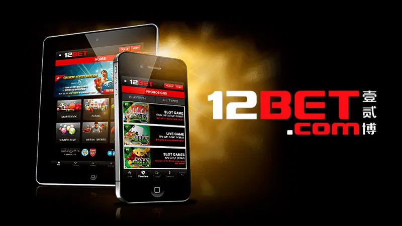Hai thiết bị di động hiển thị giao diện nền tảng cá cược trực tuyến 12BET.com, bao gồm các trò chơi và chương trình khuyến mãi, với logo 12BET và chữ Hán trên nền tối có ánh vàng.