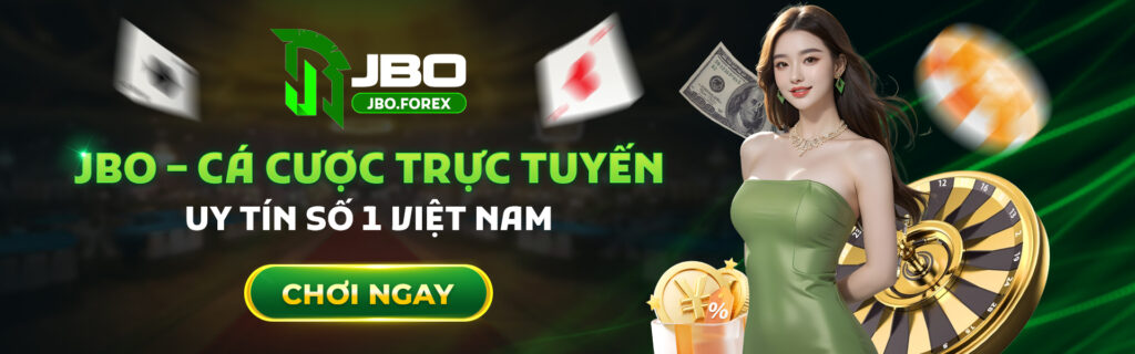 Banner quảng cáo cho dịch vụ cá cược trực tuyến JBO Forex, với hình ảnh một phụ nữ mặc váy xanh đang cầm bảng bắn tên, phía sau là các lá bài và chip casino. Văn bản bằng tiếng Việt giới thiệu dịch vụ là uy tín tại Việt Nam.