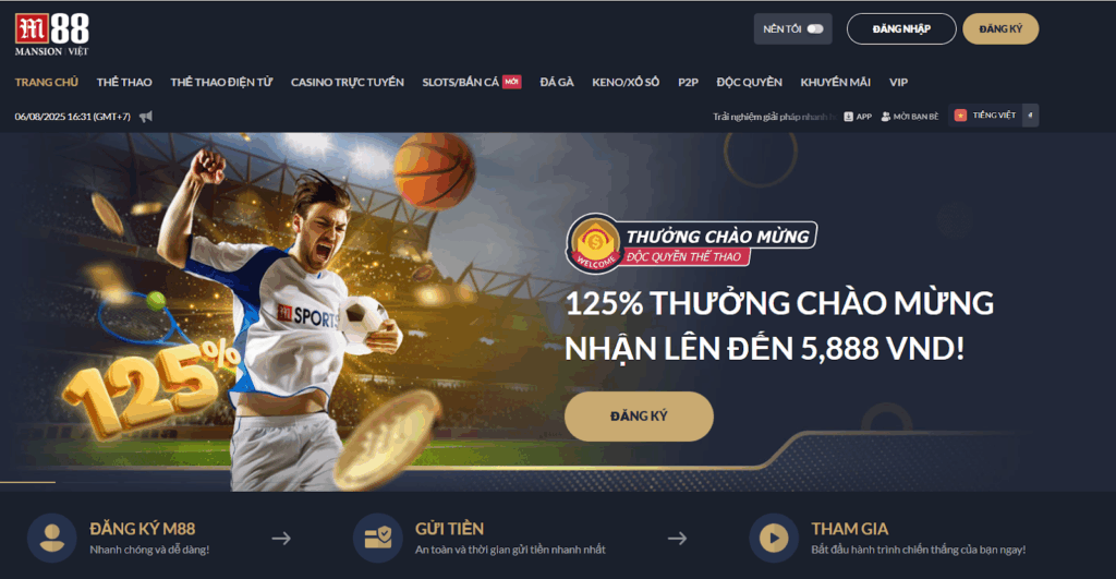 Một banner quảng cáo trên trang web cá cược thể thao hiển thị hình ảnh một cầu thủ bóng đá nam đang sút bóng, kèm theo văn bản giới thiệu khuyến mãi chào mừng 125% lên đến 5.888 VND. Phông nền bao gồm các hình ảnh liên quan đến thể thao và màu sắc tươi sáng.
