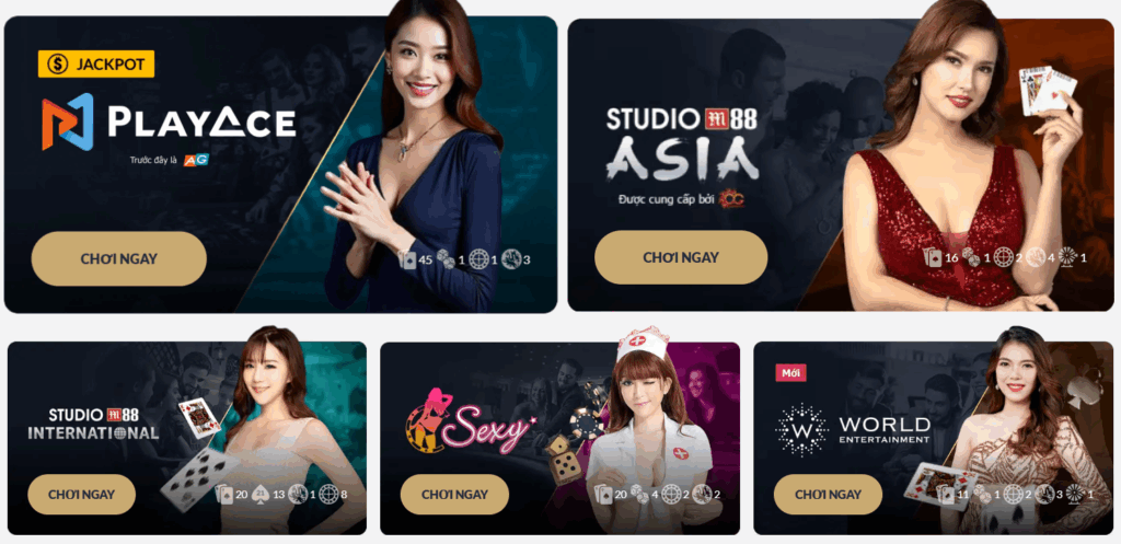 Một bộ sưu tập gồm năm banner quảng cáo cho các trò chơi casino trực tuyến, mỗi banner đều có hình một phụ nữ đang cười và cầm bộ bài. Các nhà cung cấp trò chơi bao gồm PlayAce, Studio 88 Asia, Studio 88 International, Sexy và World Entertainment.