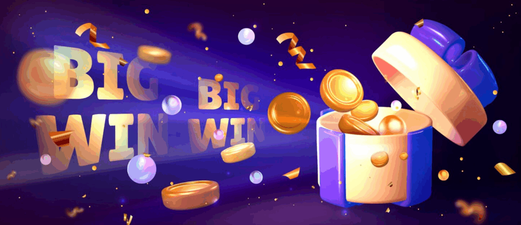 Hình minh họa đồng xu vàng bay ra từ một hộp quà mở, kèm theo pháo hoa và chữ "BIG WIN" sáng rực ở nền.
