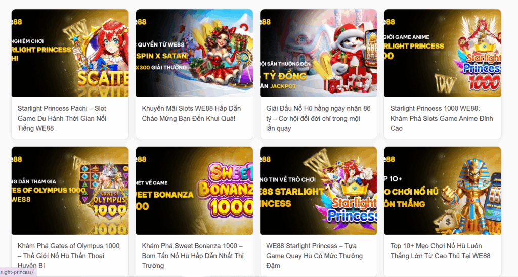 Một lưới các banner quảng cáo cho trò chơi slot trực tuyến, với đồ họa sặc sỡ, tên trò chơi và các ưu đãi bonus trên trang web WE88.