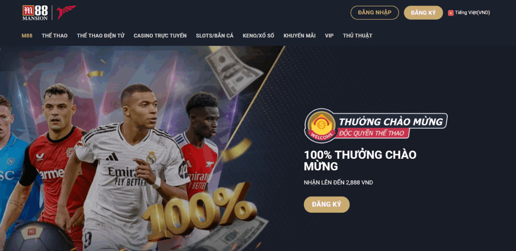 Banner quảng cáo cho trang web cá cược thể thao với hình ảnh cầu thủ bóng đá, hình ảnh tiền và văn bản giới thiệu về khuyến mãi 100% tiền thưởng chào mừng.